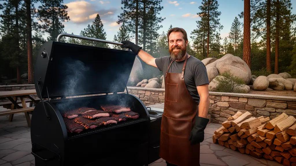Bearded pitmaster in a leather apron lifting the lid of a smoking barbecue smoker among ponderosa pines and granite boulders